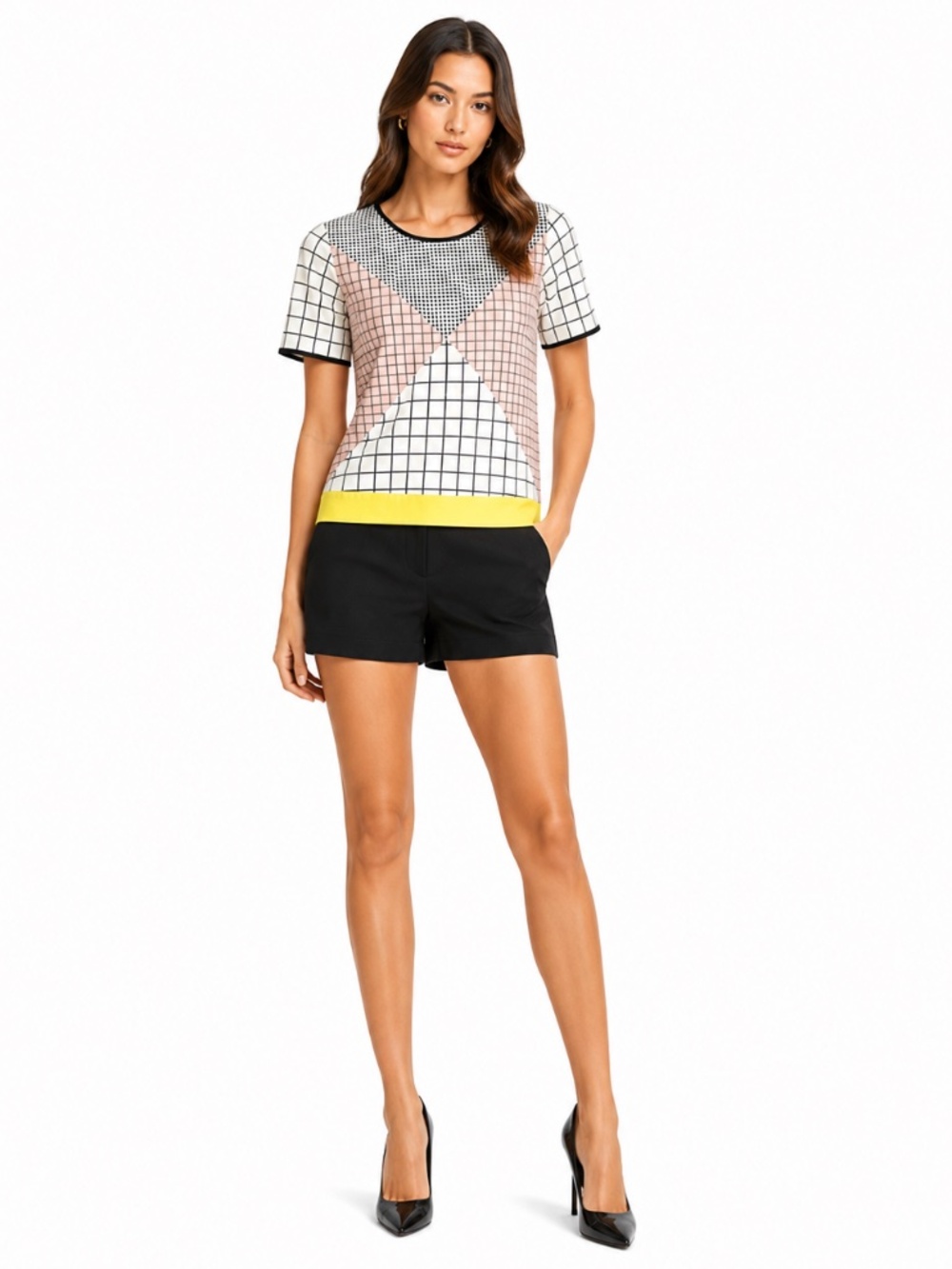 Philosophy Black White & Tan Geometric Short Sleeve Blouse – Small EUC